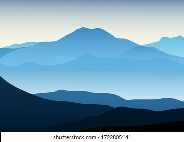 Blue Mountain Landscape View With Silhouette. Vector Illustration Background For Poster, Banner, Web, Social Media, Card, Cover, Ui.