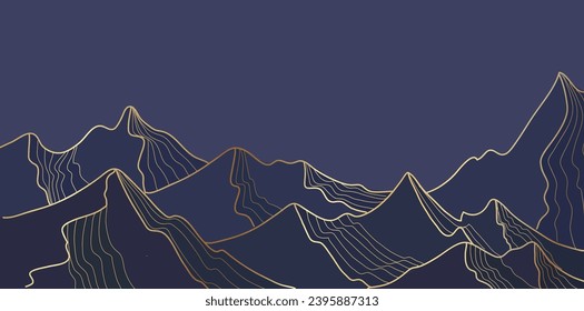 Diseño de papel pintado de paisajes de montaña azul con artes de la línea dorada, diseño de fondo de lujo de la cordillera montañosa para cubierta, invitación Ilustración vectorial.