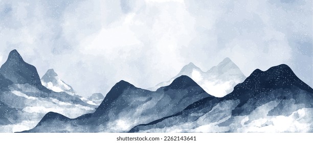 Blue Mountain landscape watercolor painting illustration. Natural abstract landscape background design. with mountain, hills, skyline