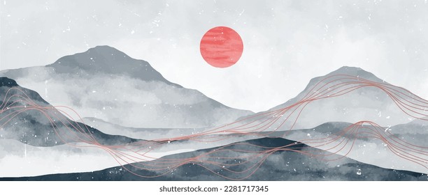 Blue Mountain landscape watercolor painting illustration. Abstract contemporary aesthetic backgrounds landscapes. with mountains, hill, sun and line art