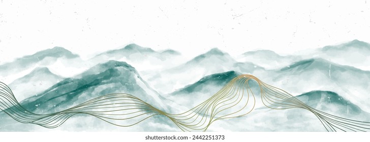 Blue Mountain landscape watercolor painting illustration. Abstract contemporary aesthetic backgrounds landscapes. with mountains, hill, sun and line art