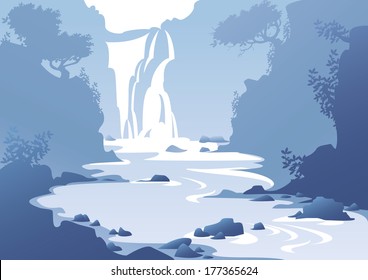 blue mountain landscape with a waterfall