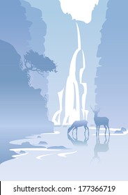 blue mountain landscape with a waterfall and deer