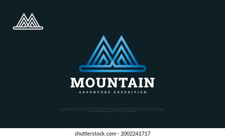 Diseño con logotipo de montaña azul con logotipo de letra inicial M. Hill para la industria de la aventura, el viaje o el turismo