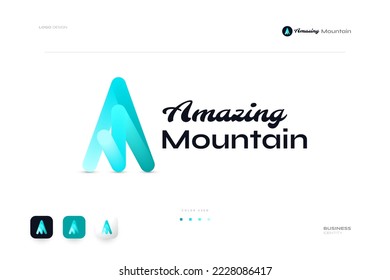 Logo de la montaña azul con la letra inicial A. Identidad de marca adecuada para empresas y tecnología