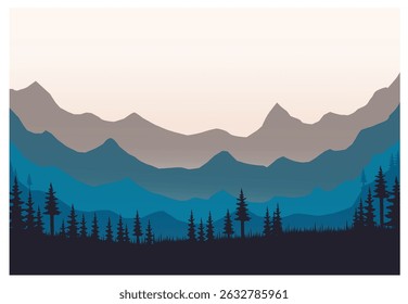 Blue mountain panorama. Forest mountain landscape, camping nature landscape silhouette vector illustration.