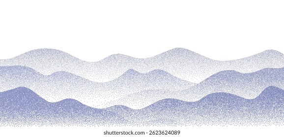 Blue mountain range abstract vector illustration, hills, high rocks and snow tops. Mountains of halftone dots pattern, rocky range panoramic illustration. Extreme tourism background.