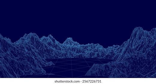 Blue mountain range with a lake in the foreground. The mountains are very tall and the lake is very small