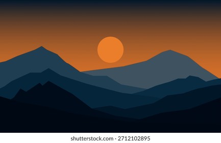 Una cordillera azul con un sol naranja. La Imagen crea una vista panorámica fresca y en capas