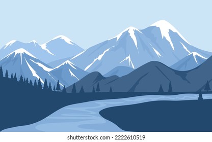 blue mountain range with pine tree forest and river. alps mountains illustration