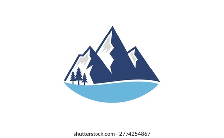 Blue mountain range with snow caps and pine trees over water