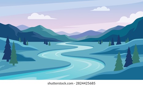 Blue Mountain River Landscape Background Vector Illustration