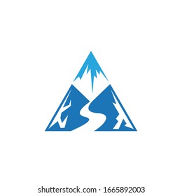 Diseño de logotipo del río de montaña. Logo del paisaje de las colinas naturales. Color azul moderno de estilo plano. Plantilla de logotipo lista para su uso.