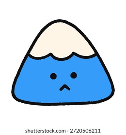  Montaña azul con el casquillo de la nieve y la cara triste, aislado en el fondo blanco. Ideal para el invierno, senderismo y viajes, educación al aire libre, conceptos de Clima, pegatinas, App, etiquetas y carteles.