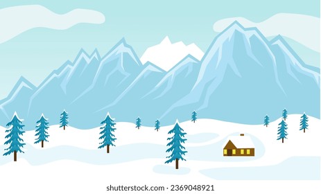 vistas a la montaña azul con árboles y una casa. vector de lustración
