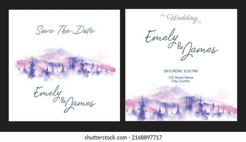 boda de montaña azul con vistas a las nubes y a los pinos. cubierta de la tarjeta de boda con acuarela. fondo panorámico de montañas y nubes para el diseño de tarjetas de boda.