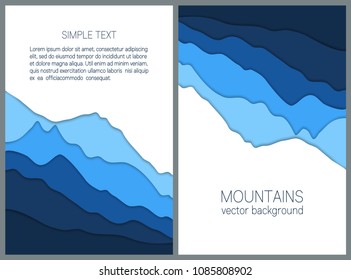 Blue mountains backgrounds in paper cut style. Set of abstract layered templates for business presentations, flyers, posters and covers design. Outdoor cards collection. Vector illustrations.
