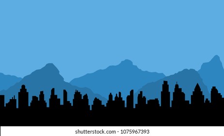 Blue mountains and black silhouette of city . Vector illustration in flat style design. Buildings silhouettes. Modern urban landscape