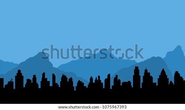 青い山と黒い街のシルエット フラットスタイルデザインのベクターイラスト 建物のシルエット 近代都市景観 のベクター画像素材 ロイヤリティフリー