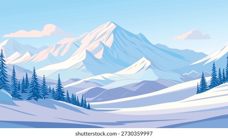 Blue mountains covered in snow landscape - vector view illustration