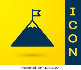 Blue Mountains and flag on top icon isolated on yellow background. Symbol of victory or success concept. Vector Illustration