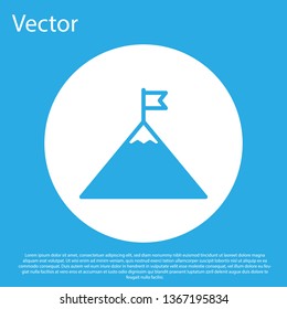 Blue Mountains and flag on top icon isolated on blue background. Symbol of victory or success concept. White circle button. Flat design. Vector Illustration