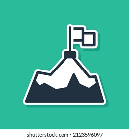 Blue Mountains with flag on top icon isolated on green background. Symbol of victory or success concept. Goal achievement.  Vector