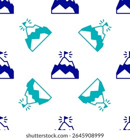 Blue Mountains with flag on top icon isolated seamless pattern on white background. Symbol of victory or success concept. Goal achievement.  Vector