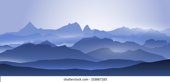 Blue mountains in the fog. Vector illustration.