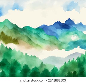 Blue mountains and green forest watercolor vector illustration, natural landscape background, sky and hills abstract art, watercolor texture graphic design