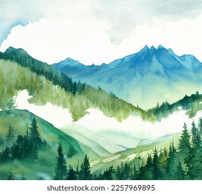 Blue mountains and green forest watercolor vector illustration, natural landscape background, sky and hills abstract art, watercolor texture graphic design