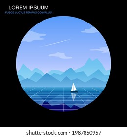 Blue mountains and lake retro style vector illustration