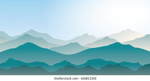 Blue Mountains Landscape in Beautiful Foggy Morning with Sunrise.Vector Illustration.