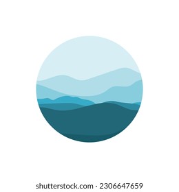 El paisaje de las montañas azules en forma de círculo. Diseño minimalista Montañas negras o azules. Plantilla para símbolo, logotipo, signo o icono. Ilustración del vector