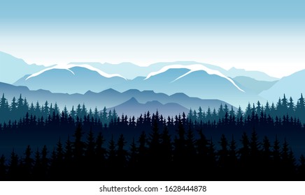 Blue mountains landscape with deep forest in the front and snow on the tops.