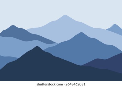 The Blue Mountains. Mountain peak landscape, nature background, graphic vector illustration for banner, poster, cover, tourism. Winter panoramic view. Multi-layered silhouette of mountains, flat 