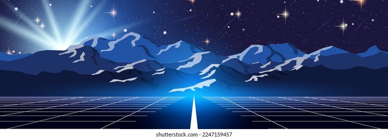 Blaue Berge Nacht Vektorgrafik. Webbanner, Header-Design-Vorlage