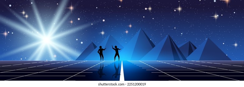 Blue mountains night vector illustration. Web banner, header design template