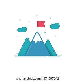 Blue mountains with red flag on top vector logo, concept of leadership emblem, achievement success, mission symbol, mountaineering, hiking brand modern flat outline line design isolated on white