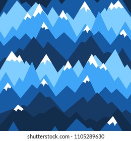 Blue mountains seamless pattern. Vector background for hiking and outdoor concept. Mountains ridges in geometric style.