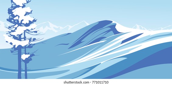 Blue mountains with snow against the blue sky