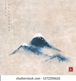 Blue mountains in the snow on vintage background. Hieroglyph - eternity. Traditional oriental ink painting sumi-e, u-sin, go-hua