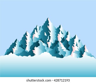 Blue mountains. Snowy mountains. Iceberg. High sharp mountain peaks. Snow-covered mountains. Sketch of a mountains, sunrise or sunset in mountains, engraving style, hand drawn vector illustration. 