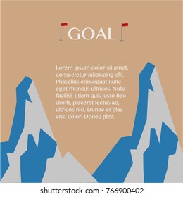 blue mountains victory and red flag vector template background, goal and victory concept.