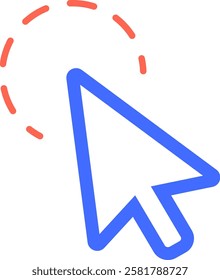 Blue mouse arrow cursor clicking with dotted red lines representing movement or selection, ideal for representing user interface interactions