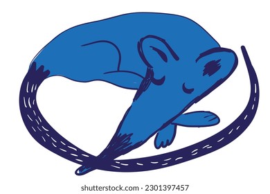 blue mouse character sleeping in vector.mouse lies like a cat in flat style for design.rat character, illustration for story, fairy tale for children.Series of vector illustrations on different topics