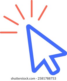 Blue mouse cursor clicking with red radial lines expanding from the tip, symbolizing an interactive action or selection on a digital interface