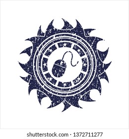 Blue mouse icon inside distressed rubber grunge texture stamp