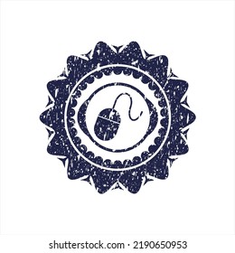 Blue mouse icon inside distressed rubber grunge texture seal. 
