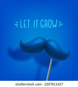 Blue moustache on a stick. Let it grow concept. 3D vector illustration